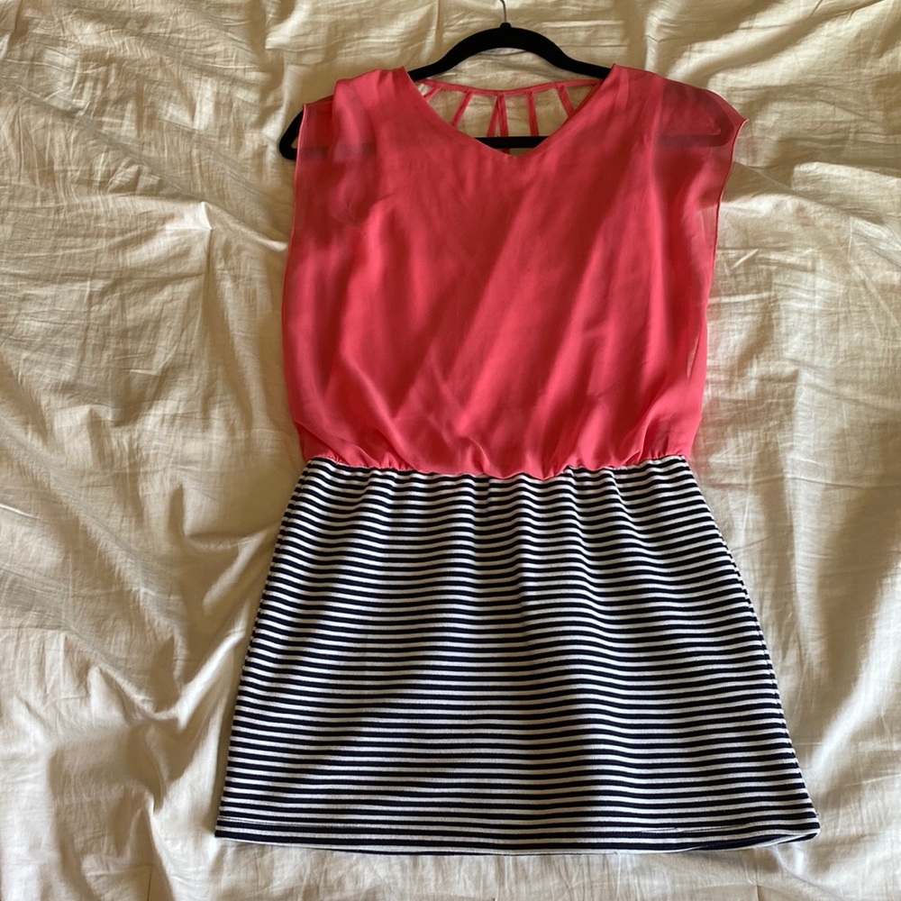 Pink and striped kids dress. Size: 14